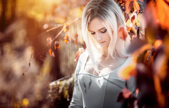 Picture autumn, chest, look, leaves, nature, sexy, pose, sweetheart