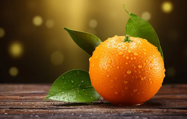 Leaves, drops, light, table, Board, orange, bokeh, AI art