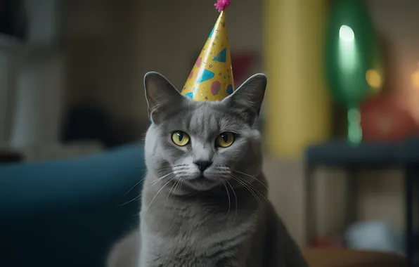 Cat, cat, look, pose, grey, room, face, cap