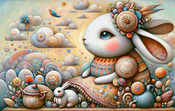 Clouds, decoration, patterns, hare, styling, rabbit, dress, sitting