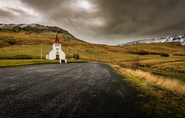 Road, field, autumn, Church, Iceland