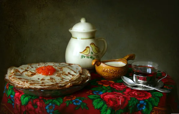 Picture tea, texture, dishes, still life, pancakes, shawl, caviar, sour cream