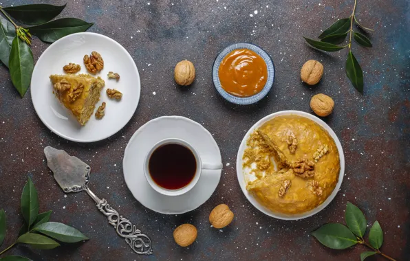 Tea, pie, cake, nuts