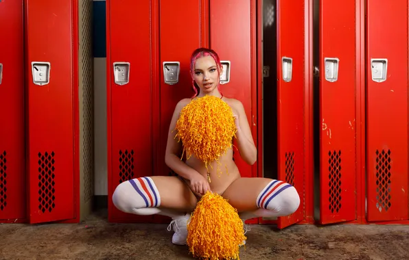 Playboy, POM-poms, knee, locker room, red hair, lockers, cheerleader, Mackenzie Holmes