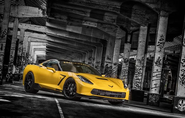 Picture yellow, background, tuning, Corvette, Chevrolet, columns, Chevrolet, tuning