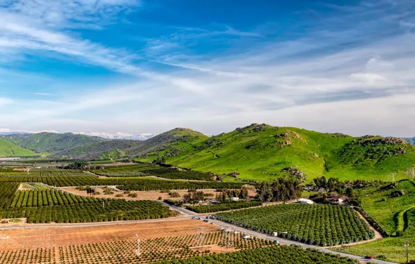 Field, the sky, clouds, mountains, CA, panorama, USA, power lines