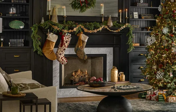 Decoration, lights, heat, room, tree, chair, candles, Christmas