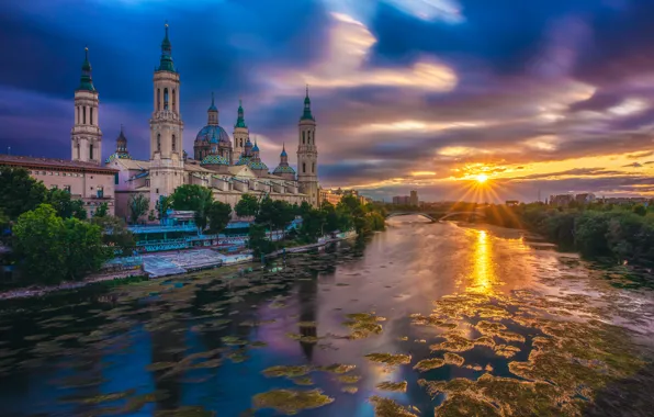 Sunset, river, temple, Spain, Spain, Zaragoza, Zaragoza, Basílica de Nuestra Señora del Pilar