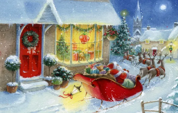 Winter, snow, toys, tree, new year, home, gifts, Santa Claus