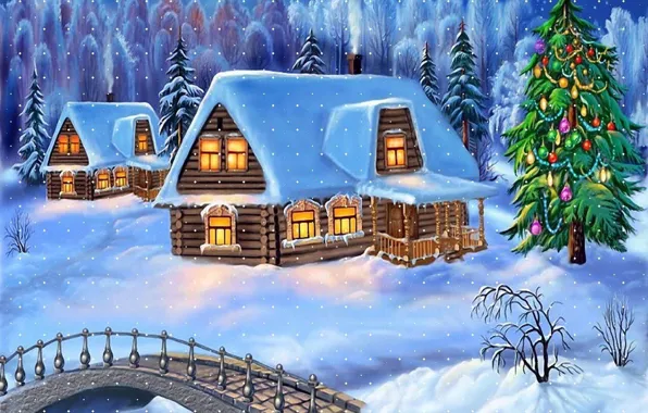 Picture winter, snow, house, tree, the bridge