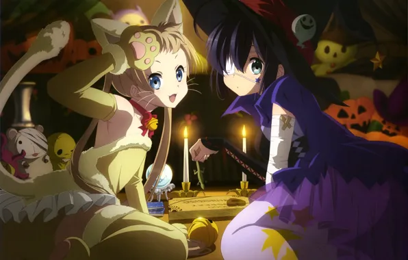 Picture look, smile, girls, toys, anime, pumpkin, witch, Halloween