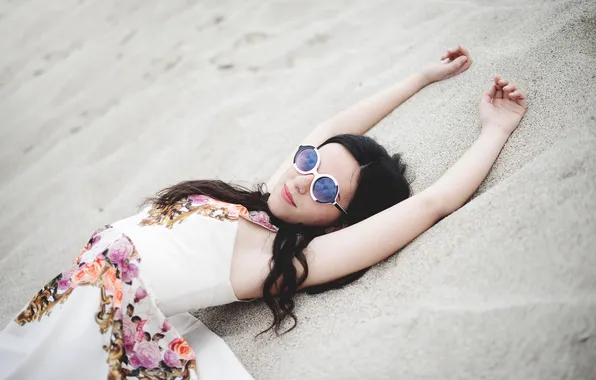 Sand, girl, pose, dress, brunette, glasses