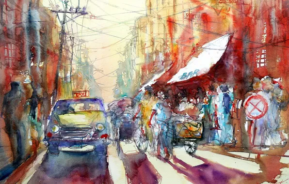 Picture taxi, painting, watercolor, akvarel
