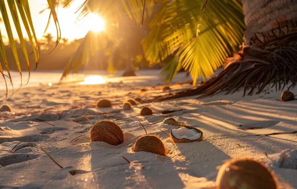 Sand, beach, the sky, leaves, the sun, rays, light, tropics
