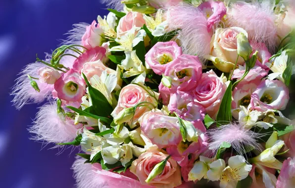Picture roses, bouquet, eustoma, Alstroemeria