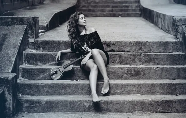 Picture Music, stairs, violin, legs, girl, hair