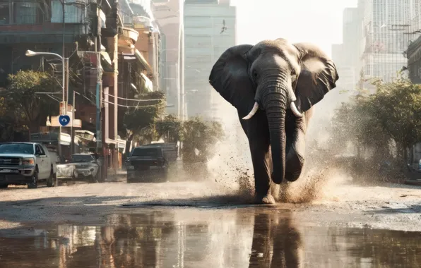 The city, street, elephant