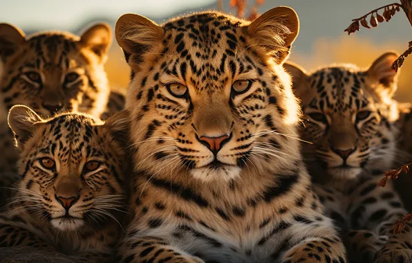Look, nature, pose, leopard, kittens, leopards, cubs, mother