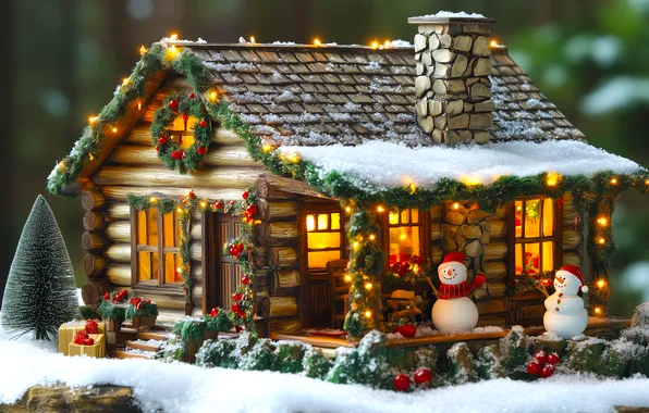Winter, light, snow, house, toy, Windows, pipe, Christmas