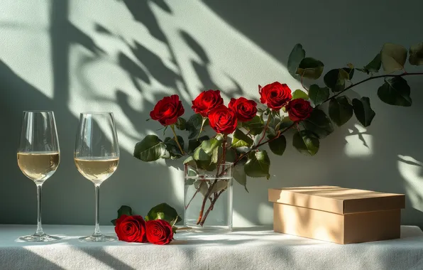 Leaves, light, love, flowers, branches, table, wall, holiday