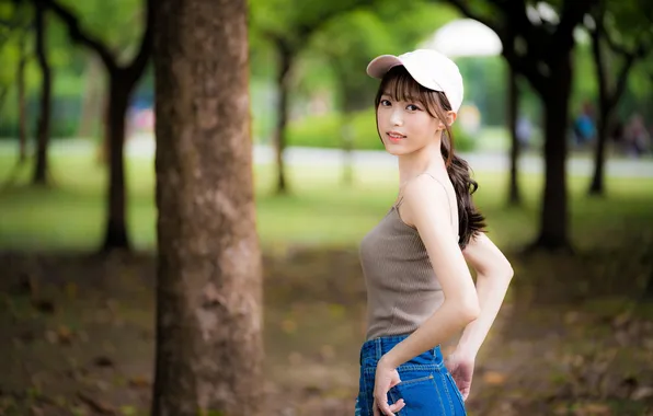 Look, trees, pose, Park, model, shorts, portrait, makeup