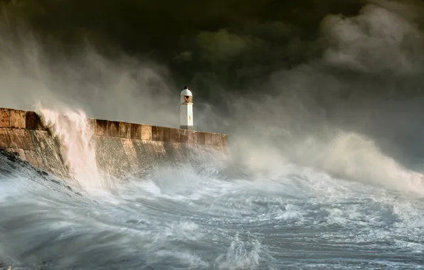 Sea, wave, storm, lighthouse, the fence, the breakwater, gloomy sky