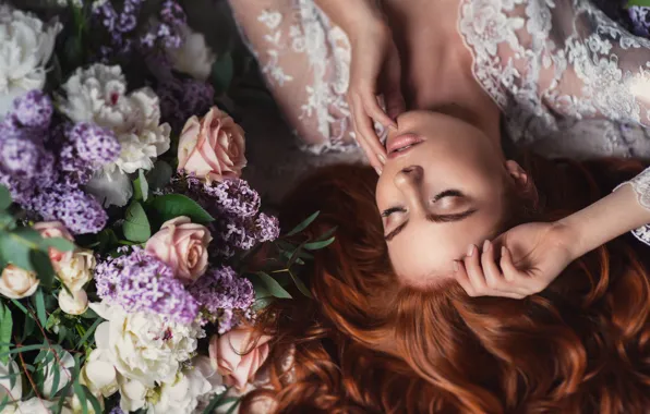 Picture girl, flowers, face, pose, hands, makeup, red, redhead