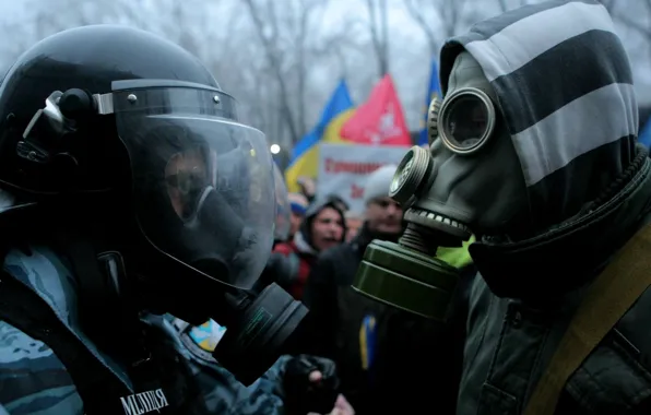 Gas mask, flags, fighter, rally, clash, resistance, police