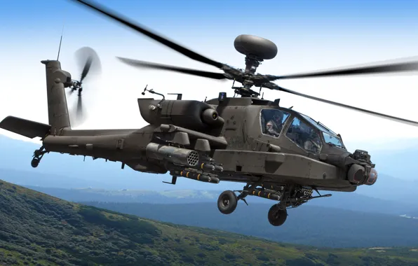 The sky, mountains, helicopter, flight, Apache, AH-64D, shock, Longbow