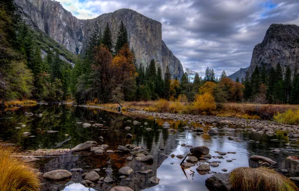 Picture autumn, the sky, trees, mountains, river, stones, rocks, USA