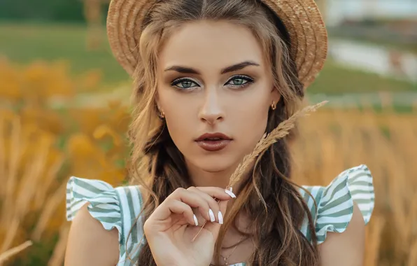 Look, girl, face, portrait, hands, hat, a blade of grass, Alina Stanislavsky