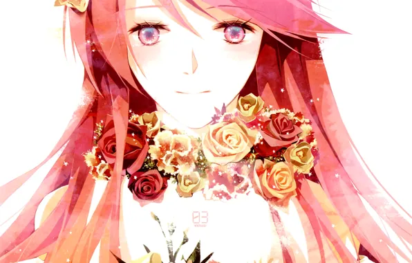 Girl, flowers, roses, anime, art, vocaloid, megurine luka, Vocaloid