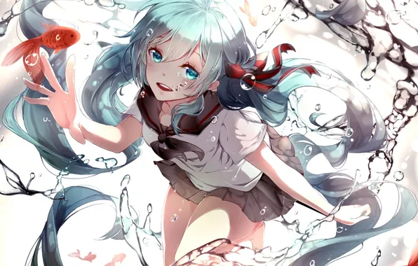 Picture water, girl, fish, anime, art, form, vocaloid, bottle miku
