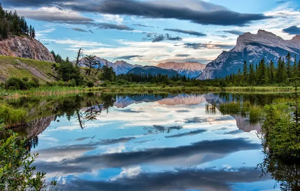 Clouds, trees, mountains, lake, reflection, Canada, Banff National Park, Canada