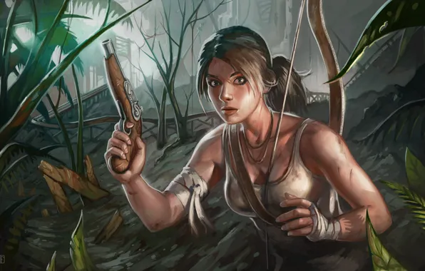 Forest, girl, gun, weapons, art, Lara, Croft, Tonb Raider