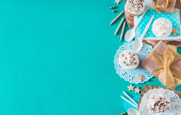 Background, gift, blue, dessert, decor, cupcakes, Birthday, Birthday