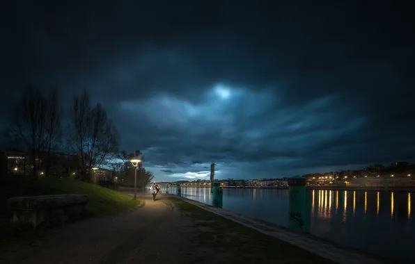Lights, river, France, the evening, lights, promenade, Lyon