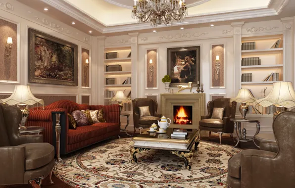 Sofa, Villa, interior, chairs, chandelier, pictures, luxury, living room