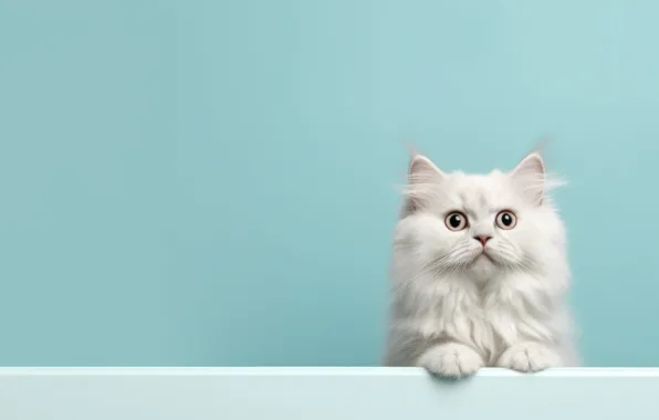 Cat, white, look, pose, kitty, legs, face, blue background