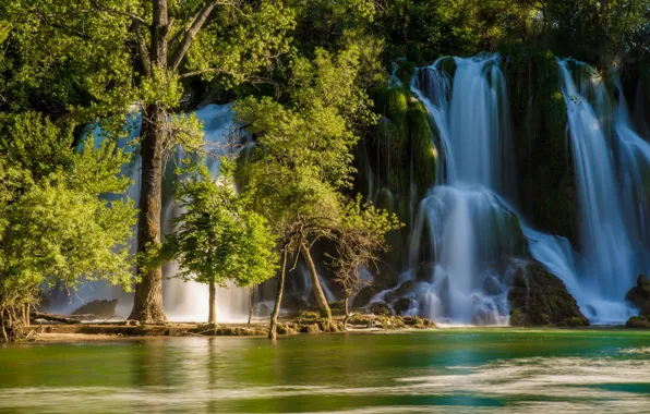 Picture trees, river, waterfall, Bosnia and Herzegovina, Bosnia and Herzegovina, Kravice Falls, Trebizat river