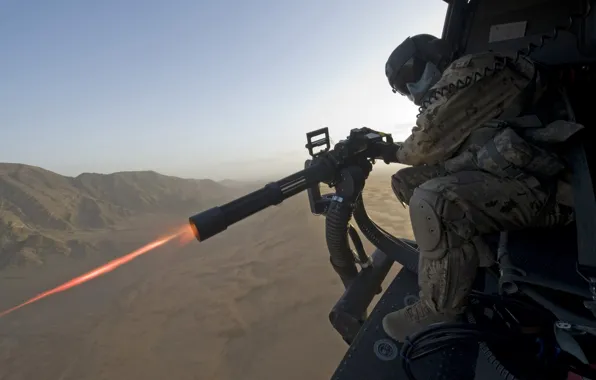 Picture the sky, mountains, fire, helicopter, shooter, Minigun, Gatling