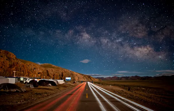 Road, the sky, stars, mountains, night, China, china