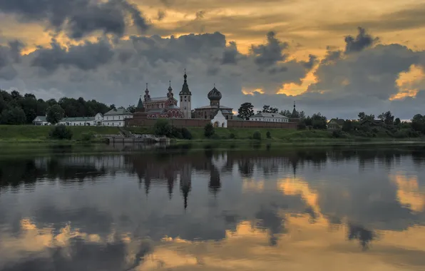 Summer, the sky, clouds, landscape, nature, river, the evening, the monastery
