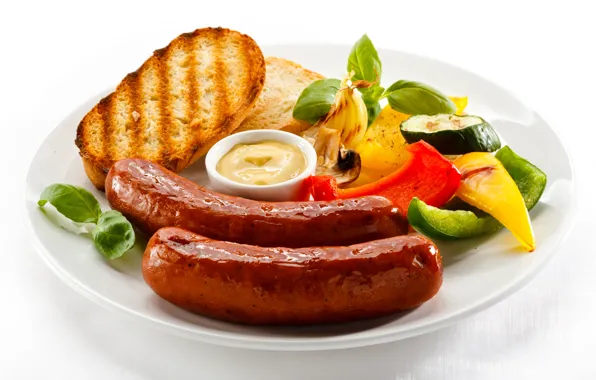 Picture sausage, food, bread, vegetables, sauce