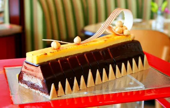 Cake, hazelnuts, candy, chocolate glaze