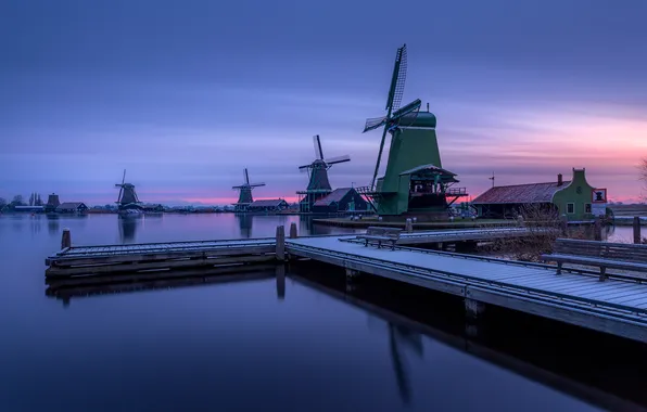 The sky, bridge, blue, shore, dal, houses, twilight, pond