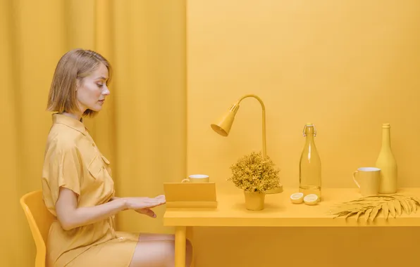 Woman, yellow, scene, book, reading