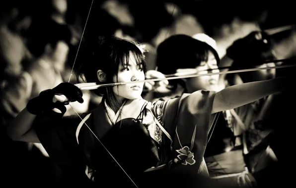 Girl, bow, Archer, arrow, Japanese, aiming
