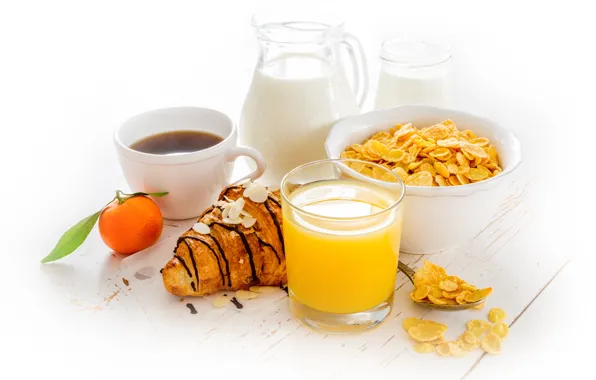 Coffee, Breakfast, milk, juice, cereal, croissant, Naumenko Oleksandra