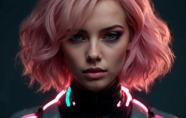 Picture girl, pink hair, cyberpunk, portrait, AI art
